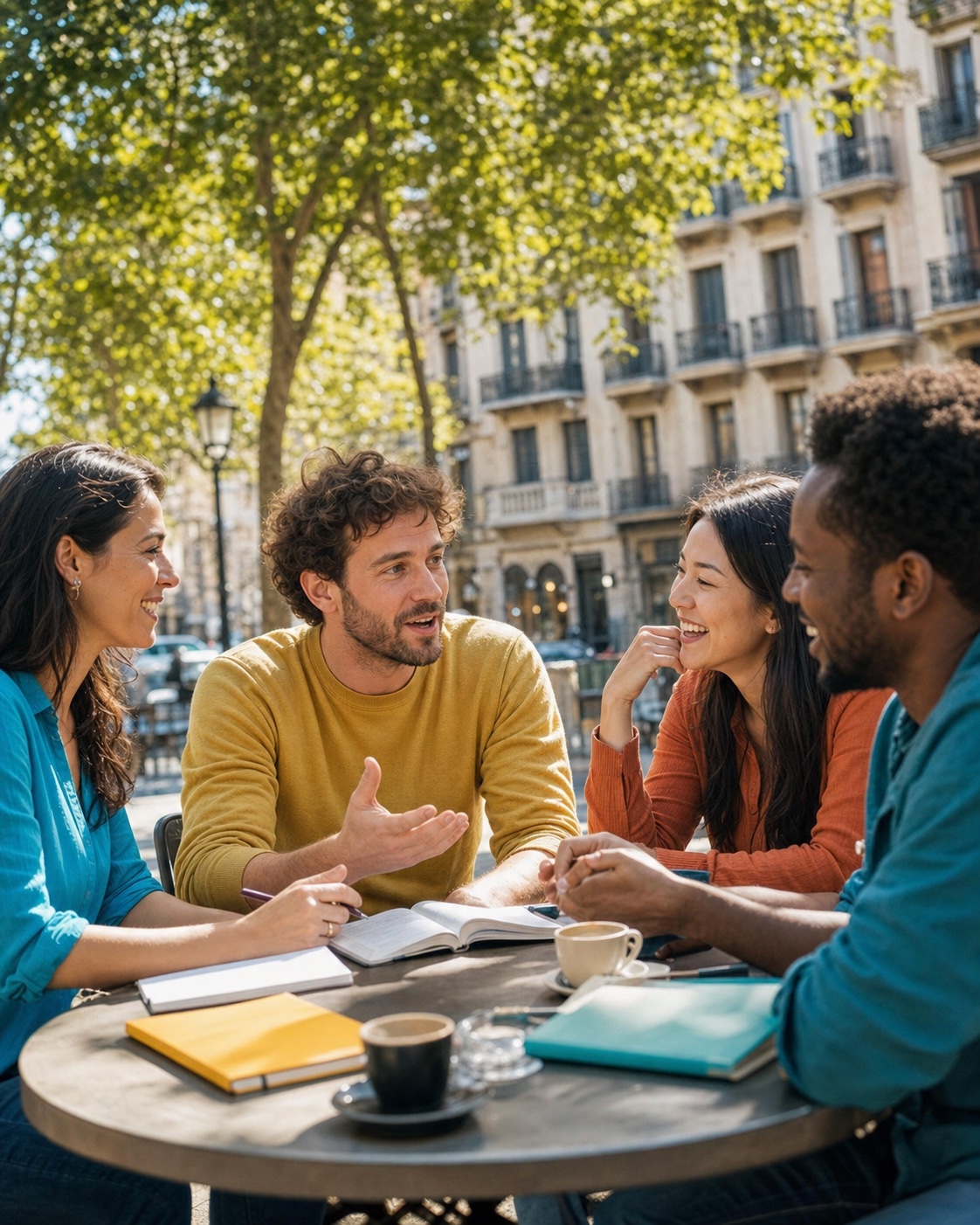 Cuatro personas practican español en una conversación distendida al aire libre en Barcelona
